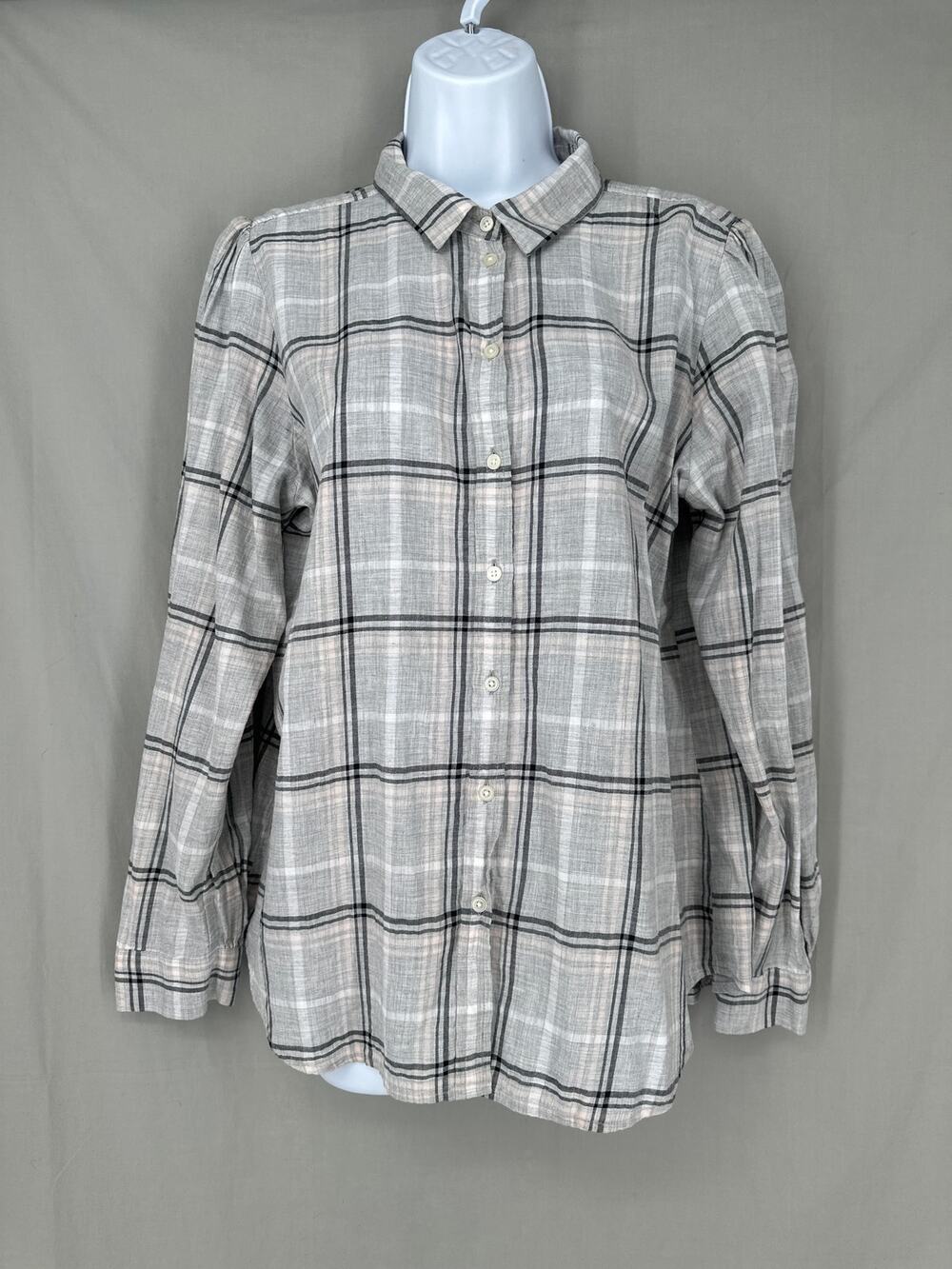 Loft Top Women Large Gray Plaid Button Shirt Long Sleeve Boho Cotton Long Sleeve